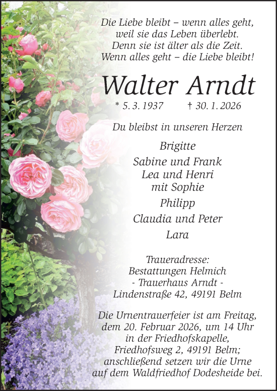 Traueranzeige von Walter Arndt von Neue Osnabrücker Zeitung GmbH & Co. KG