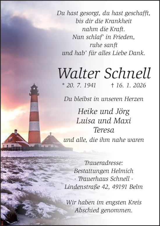 Traueranzeige von Walter Schnell von Neue Osnabrücker Zeitung GmbH & Co. KG