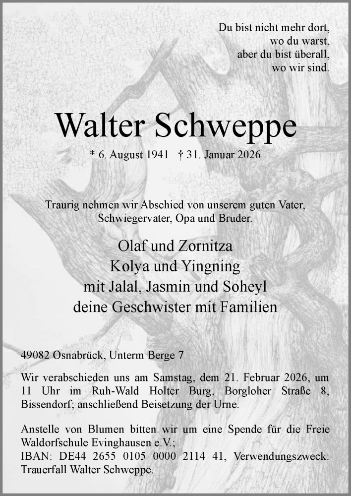  Traueranzeige für Walter Schweppe vom 07.02.2026 aus Neue Osnabrücker Zeitung GmbH & Co. KG