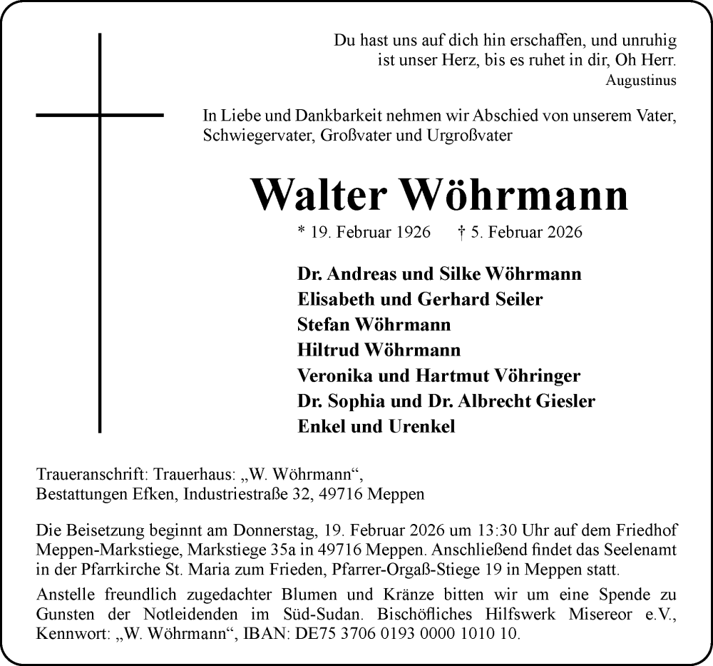  Traueranzeige für Walter Wöhrmann vom 11.02.2026 aus Neue Osnabrücker Zeitung GmbH & Co. KG