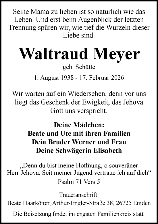 Traueranzeige von Waltraud Meyer von DK Medien GmbH & Co. KG
