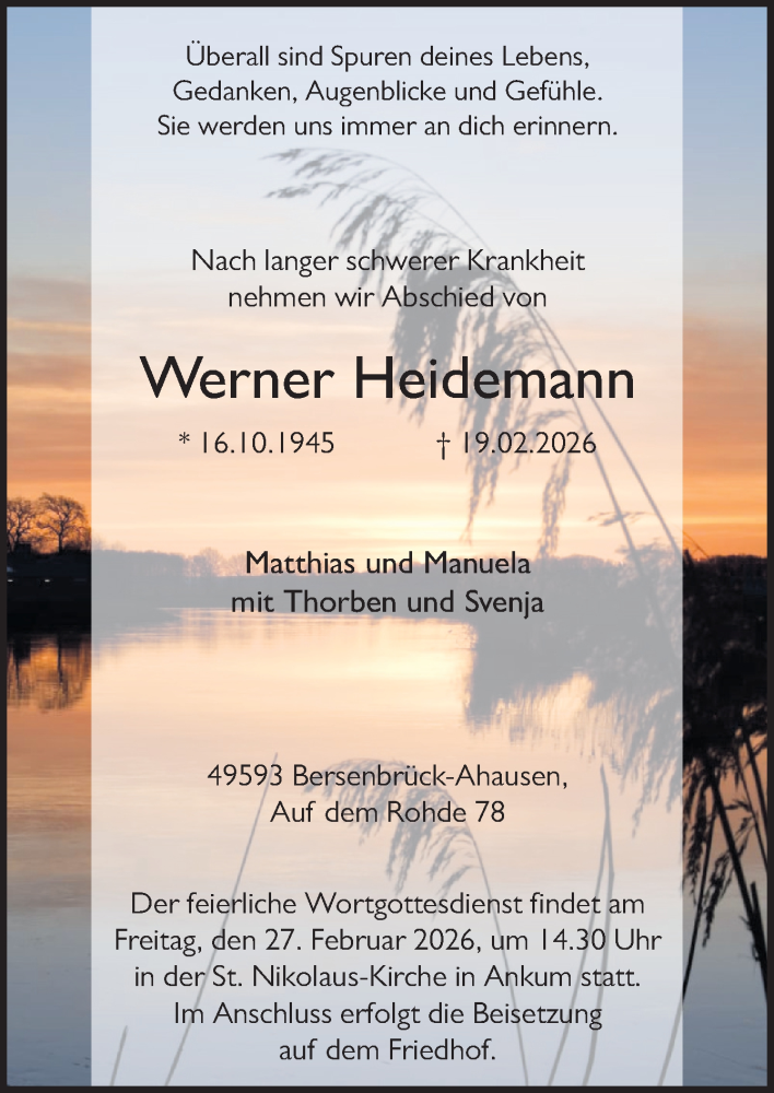  Traueranzeige für Werner Heidemann vom 23.02.2026 aus Neue Osnabrücker Zeitung GmbH & Co. KG