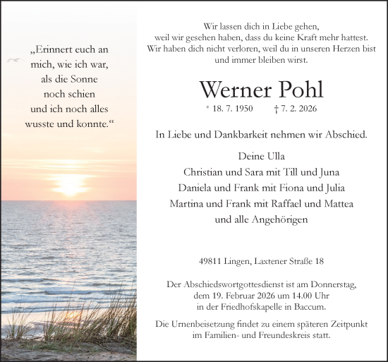 Traueranzeige von Werner Pohl von Neue Osnabrücker Zeitung GmbH & Co. KG