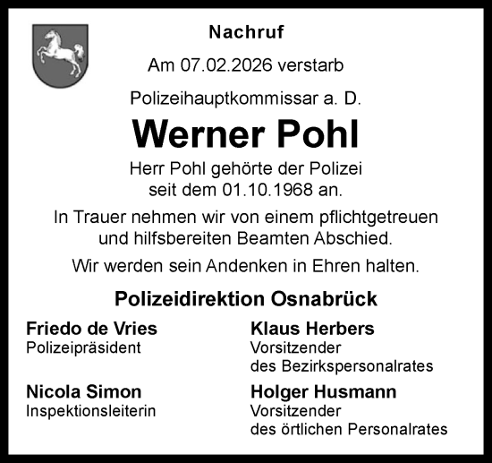 Traueranzeige von Werner Pohl von Neue Osnabrücker Zeitung GmbH & Co. KG