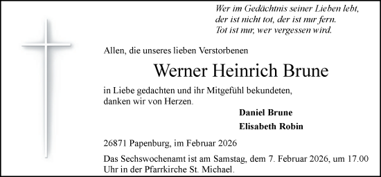 Traueranzeige von Werner Heinrich Brune von Neue Osnabrücker Zeitung GmbH & Co. KG