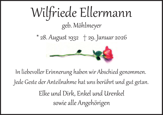Traueranzeige von Wilfriede Ellermann von Neue Osnabrücker Zeitung GmbH & Co. KG