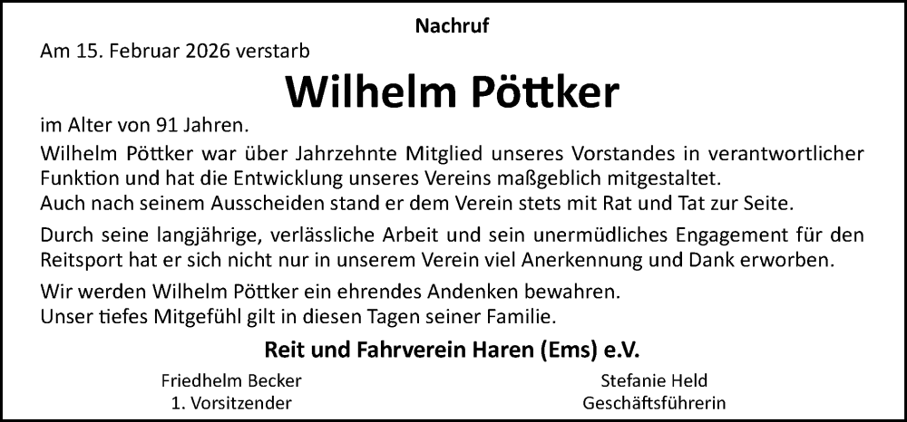  Traueranzeige für Wilhelm Pöttker vom 21.02.2026 aus Neue Osnabrücker Zeitung GmbH & Co. KG