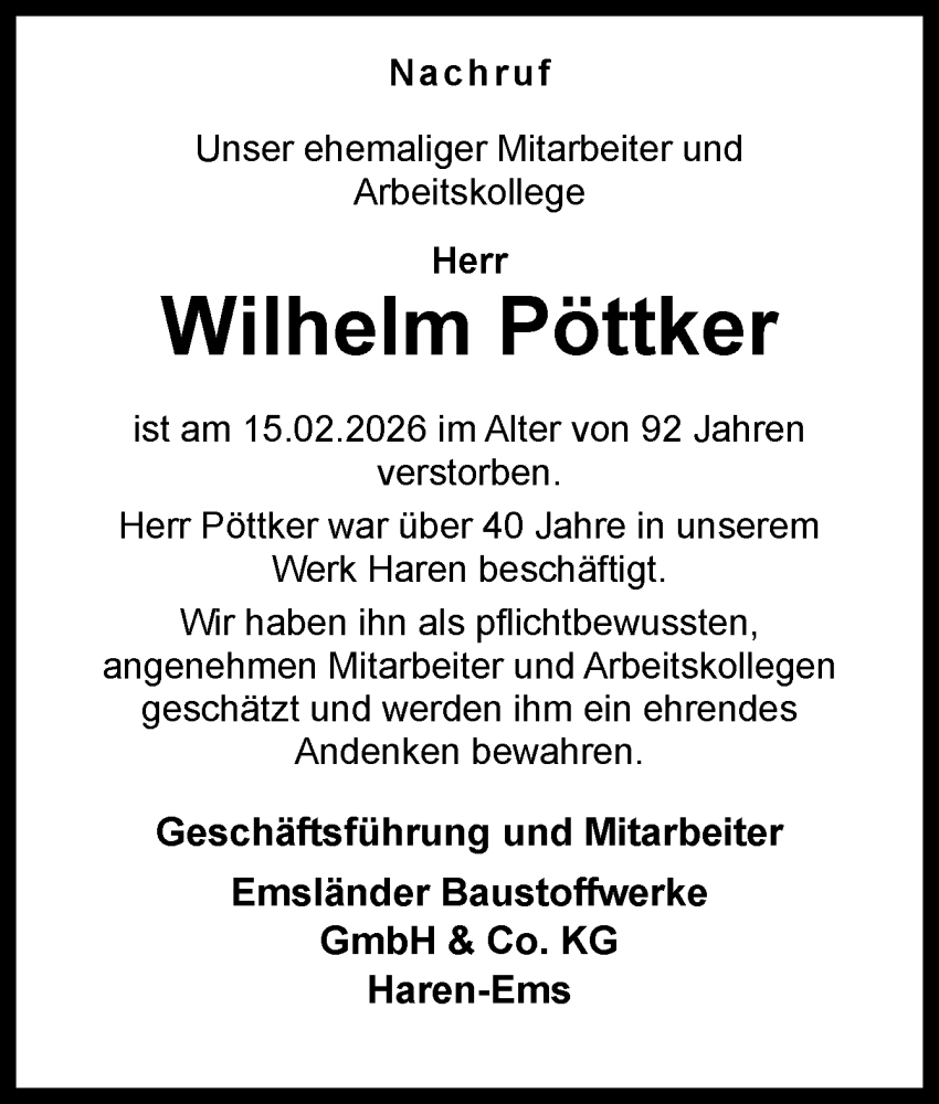  Traueranzeige für Wilhelm Pöttker vom 21.02.2026 aus Neue Osnabrücker Zeitung GmbH & Co. KG
