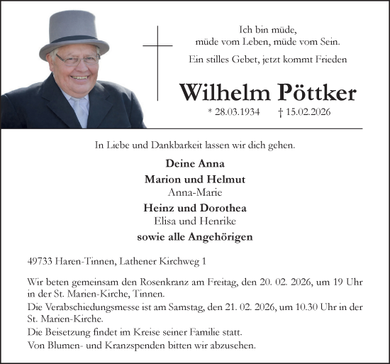 Traueranzeige von Wilhelm Pöttker von Neue Osnabrücker Zeitung GmbH & Co. KG