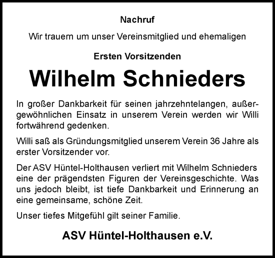 Traueranzeige von Wilhelm Schnieders von Neue Osnabrücker Zeitung GmbH & Co. KG