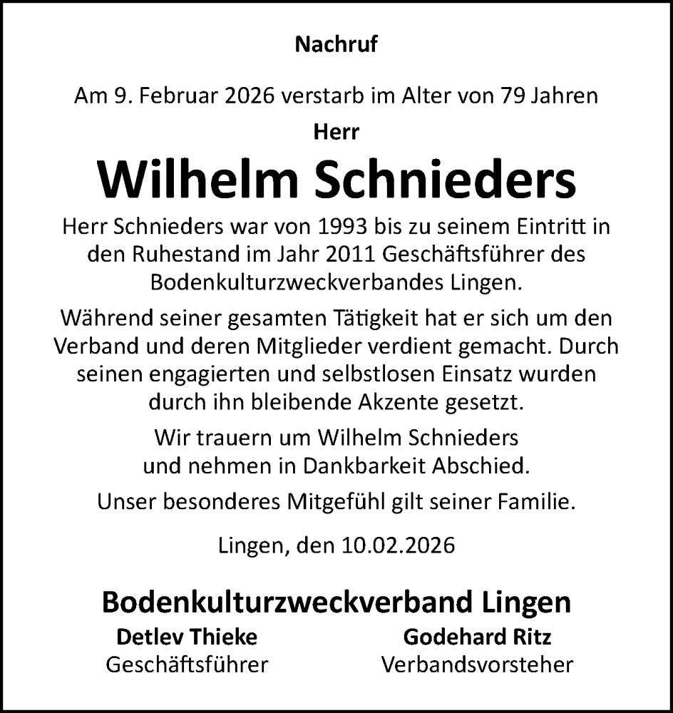  Traueranzeige für Wilhelm Schnieders vom 14.02.2026 aus Neue Osnabrücker Zeitung GmbH & Co. KG