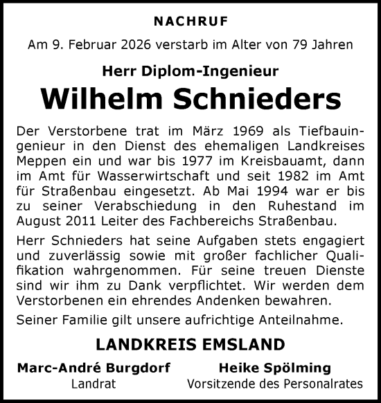 Traueranzeige von Wilhelm Schnieders von Neue Osnabrücker Zeitung GmbH & Co. KG