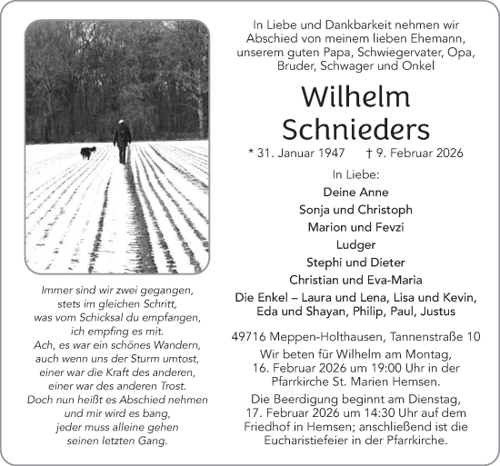 Traueranzeige von Wilhelm Schnieders von Neue Osnabrücker Zeitung GmbH & Co. KG