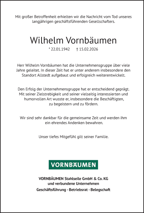 Traueranzeige von Wilhelm Vornbäumen von Neue Osnabrücker Zeitung GmbH & Co. KG