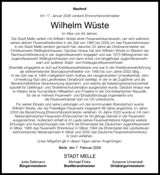 Traueranzeige von Wilhelm Wüste von Neue Osnabrücker Zeitung GmbH & Co. KG