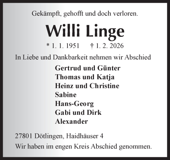 Traueranzeige von Willi Linge von DK Medien GmbH & Co. KG