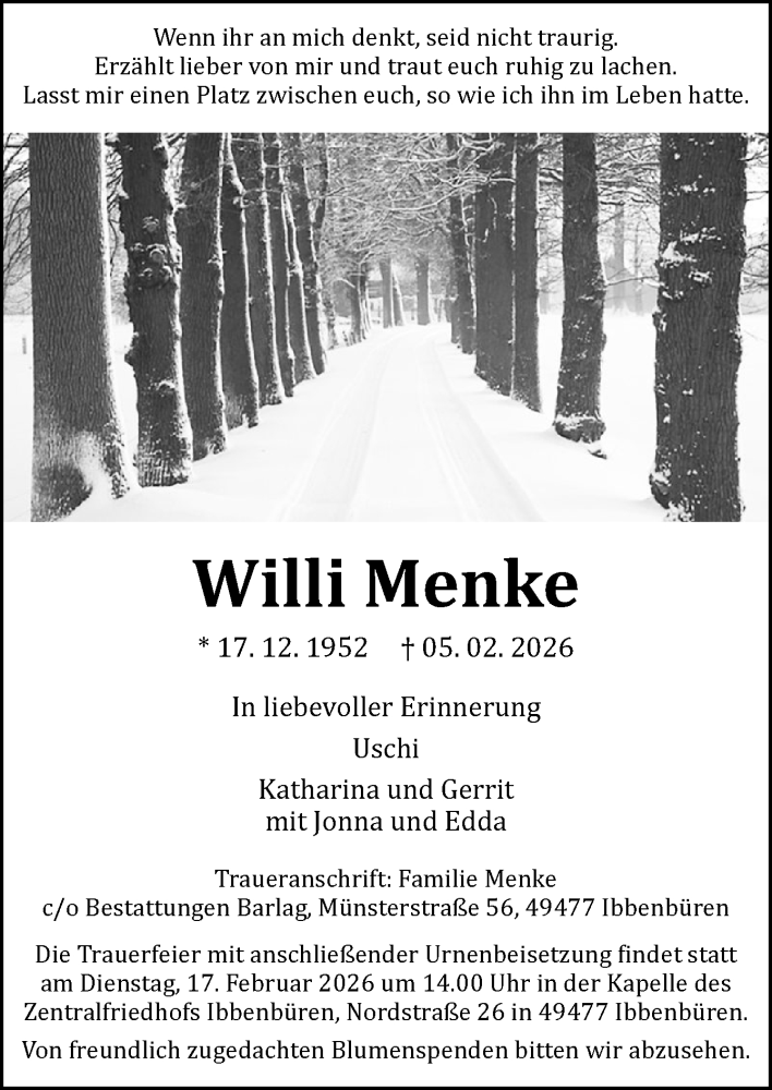 Traueranzeige für Willi Menke vom 12.02.2026 aus Neue Osnabrücker Zeitung GmbH & Co. KG