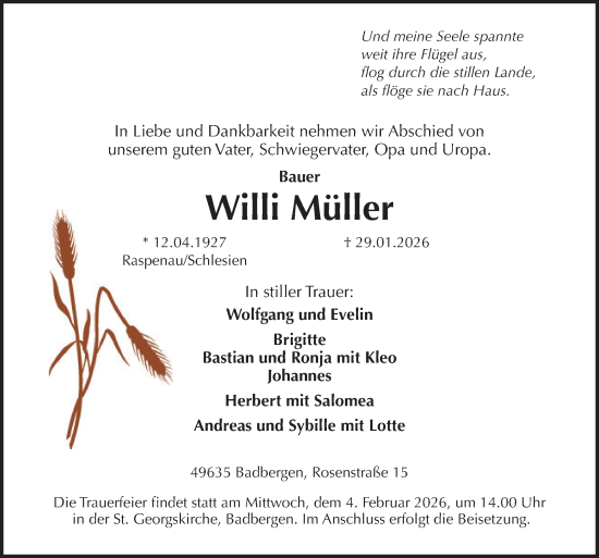 Traueranzeige von Willi Müller von Neue Osnabrücker Zeitung GmbH & Co. KG