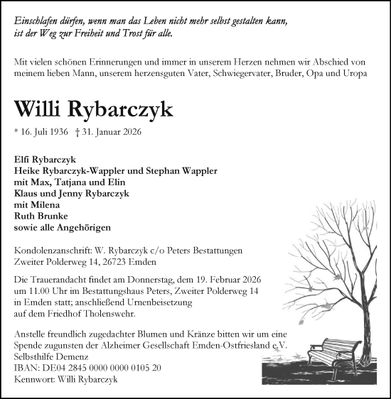 Traueranzeige von Willi Rybarczyk von Ostfriesischer Kurier / Norderneyer Badezeitung