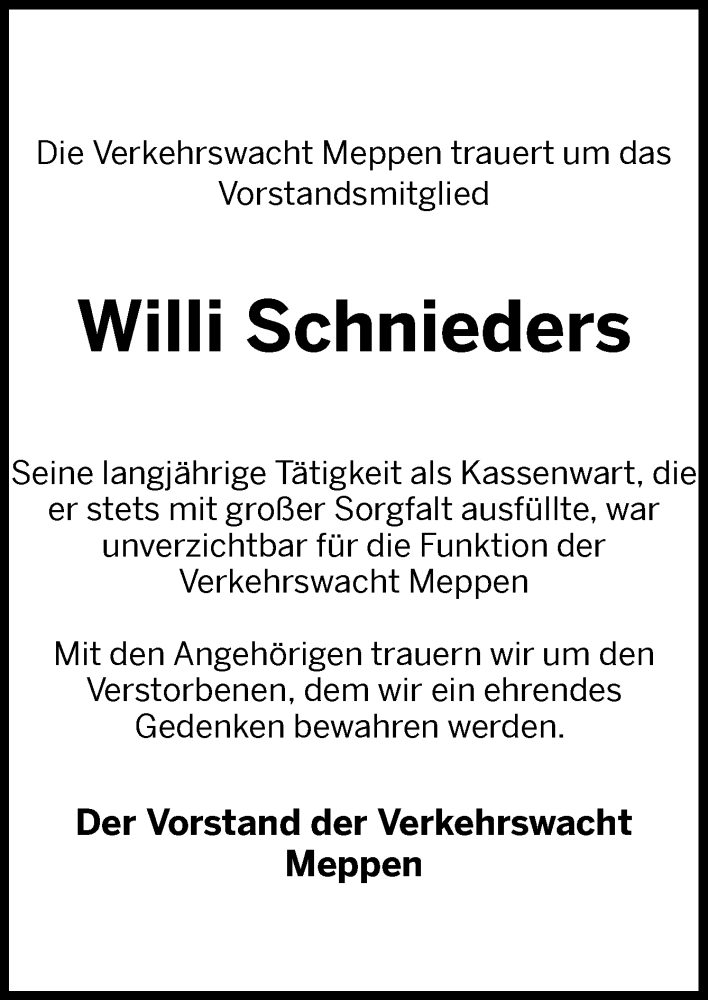  Traueranzeige für Willi Schnieders vom 17.02.2026 aus Neue Osnabrücker Zeitung GmbH & Co. KG