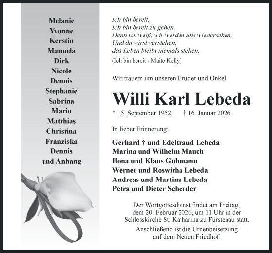 Traueranzeige von Willi Karl Lebeda von Neue Osnabrücker Zeitung GmbH & Co. KG