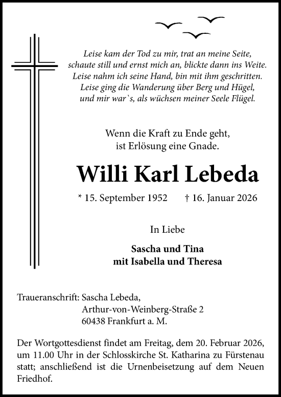Traueranzeige von Willi Karl Lebeda von Neue Osnabrücker Zeitung GmbH & Co. KG