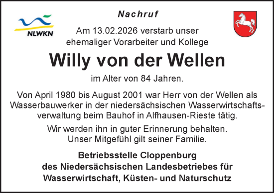 Traueranzeige von Willy von der Wellen von Neue Osnabrücker Zeitung GmbH & Co. KG