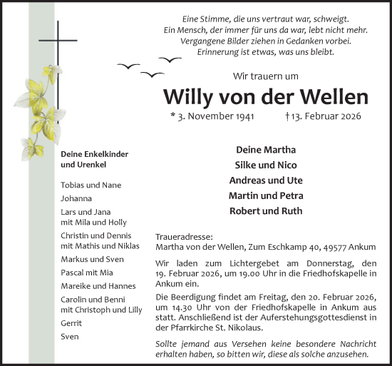 Traueranzeige von Willy von der Wellen von Neue Osnabrücker Zeitung GmbH & Co. KG