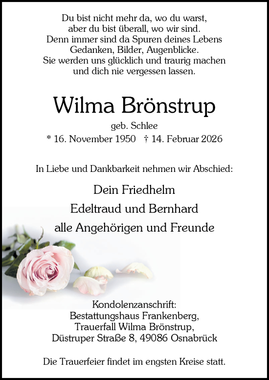Traueranzeige von Wilma Brönstrup von Neue Osnabrücker Zeitung GmbH & Co. KG