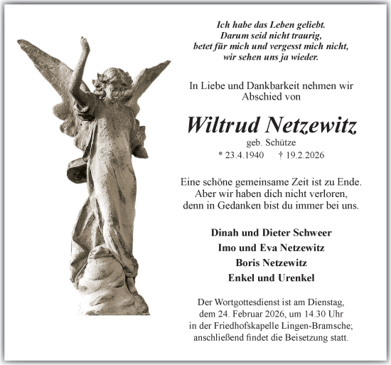 Traueranzeige von Wiltrud Netzewitz von Neue Osnabrücker Zeitung GmbH & Co. KG