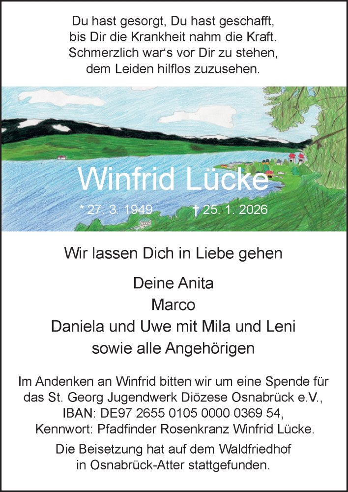  Traueranzeige für Winfrid Lücke vom 14.02.2026 aus Neue Osnabrücker Zeitung GmbH & Co. KG