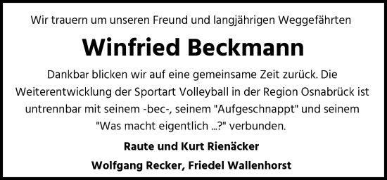 Traueranzeige von Winfried Beckmann von Neue Osnabrücker Zeitung GmbH & Co. KG