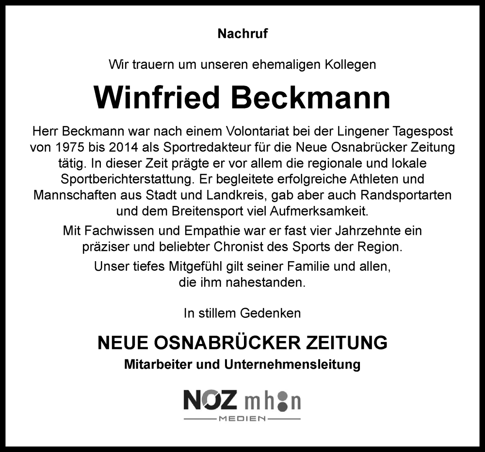  Traueranzeige für Winfried Beckmann vom 07.02.2026 aus Neue Osnabrücker Zeitung GmbH & Co. KG