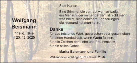 Traueranzeige von Wolfgang Beismann von Neue Osnabrücker Zeitung GmbH & Co. KG