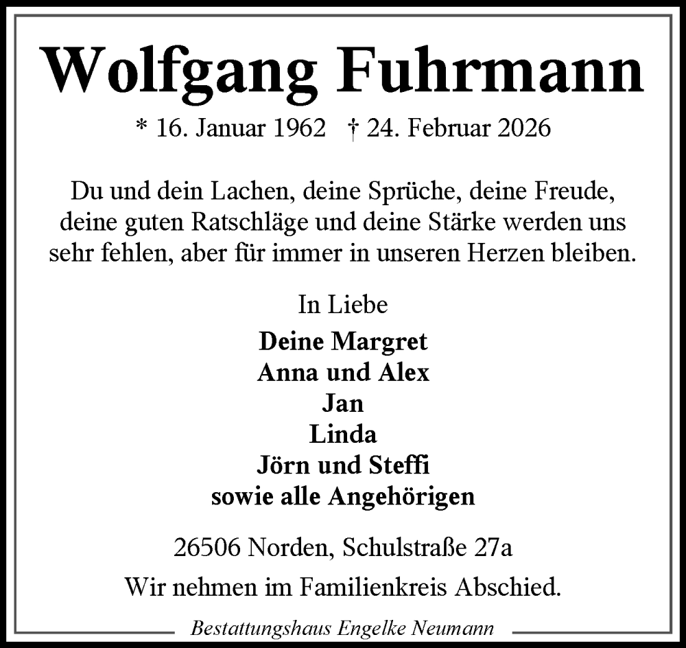  Traueranzeige für Wolfgang Fuhrmann vom 28.02.2026 aus Ostfriesischer Kurier GmbH