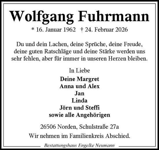 Traueranzeige von Wolfgang Fuhrmann von Ostfriesischer Kurier GmbH