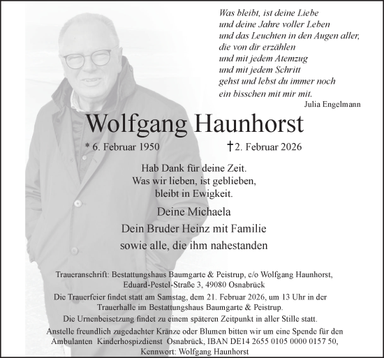 Traueranzeige von Wolfgang Haunhorst von Neue Osnabrücker Zeitung GmbH & Co. KG