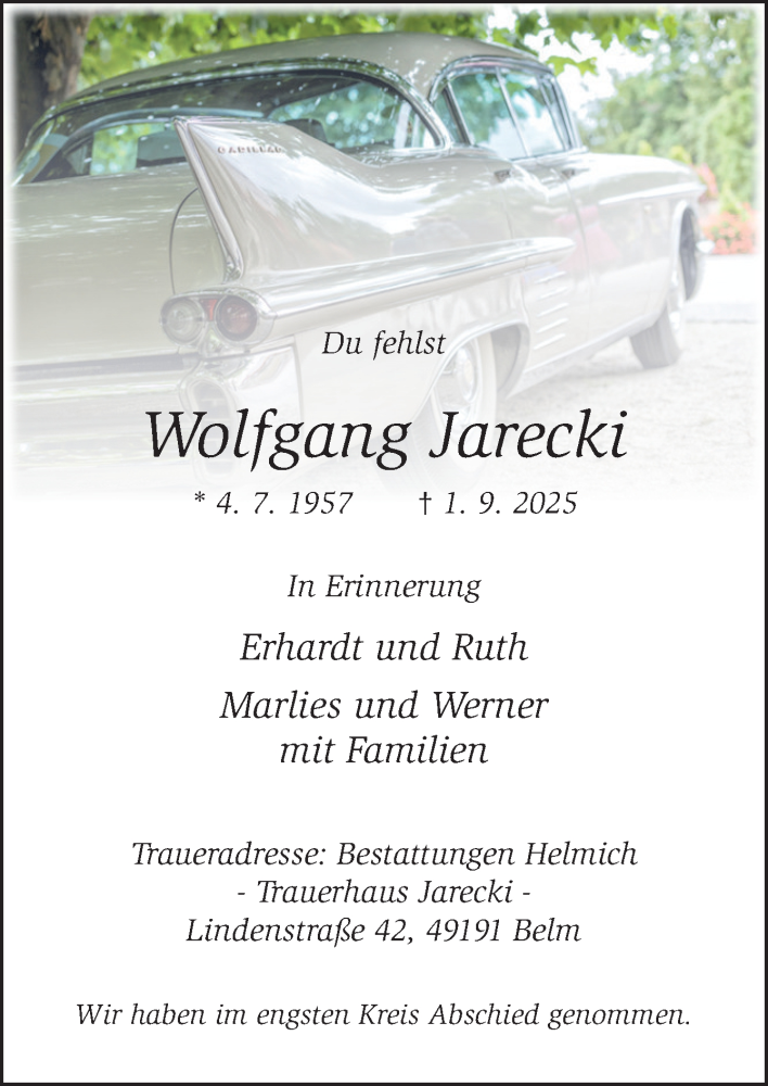  Traueranzeige für Wolfgang Jarecki vom 14.02.2026 aus Neue Osnabrücker Zeitung GmbH & Co. KG