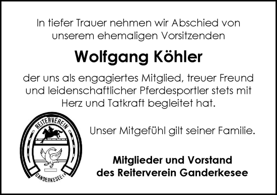 Traueranzeige von Wolfgang Köhler von DK Medien GmbH & Co. KG
