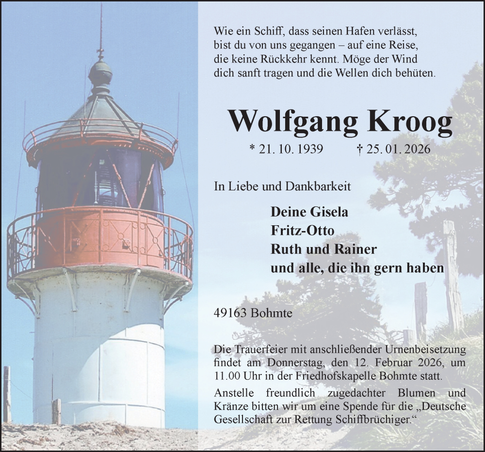  Traueranzeige für Wolfgang Kroog vom 07.02.2026 aus Neue Osnabrücker Zeitung GmbH & Co. KG