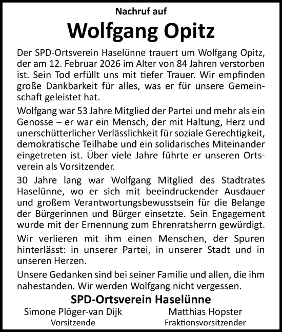 Traueranzeige von Wolfgang Opitz von Neue Osnabrücker Zeitung GmbH & Co. KG