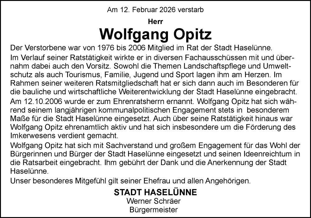  Traueranzeige für Wolfgang Opitz vom 20.02.2026 aus Neue Osnabrücker Zeitung GmbH & Co. KG