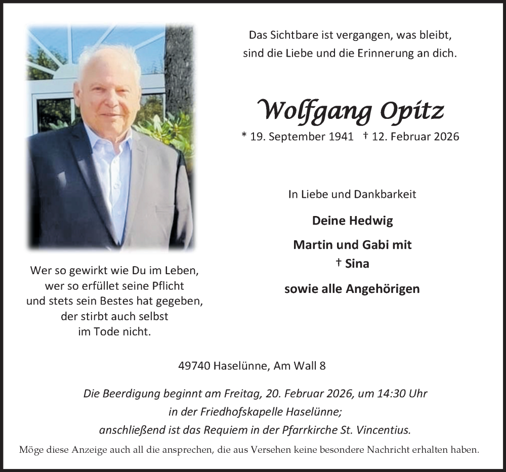  Traueranzeige für Wolfgang Opitz vom 18.02.2026 aus Neue Osnabrücker Zeitung GmbH & Co. KG
