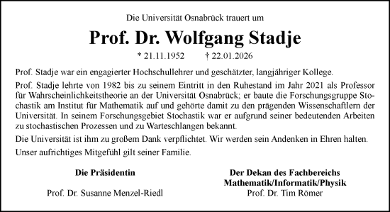 Traueranzeige von Wolfgang Stadje von Neue Osnabrücker Zeitung GmbH & Co. KG