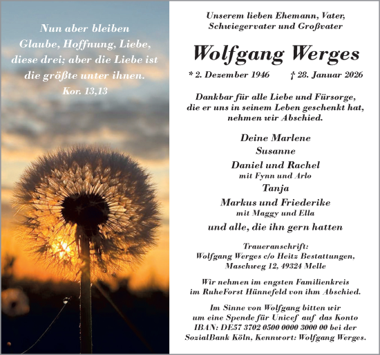 Traueranzeige von Wolfgang Werges von Neue Osnabrücker Zeitung GmbH & Co. KG