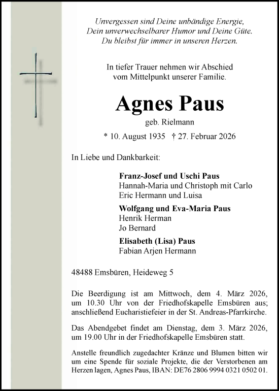 Traueranzeige von Agnes Paus von Neue Osnabrücker Zeitung GmbH & Co. KG