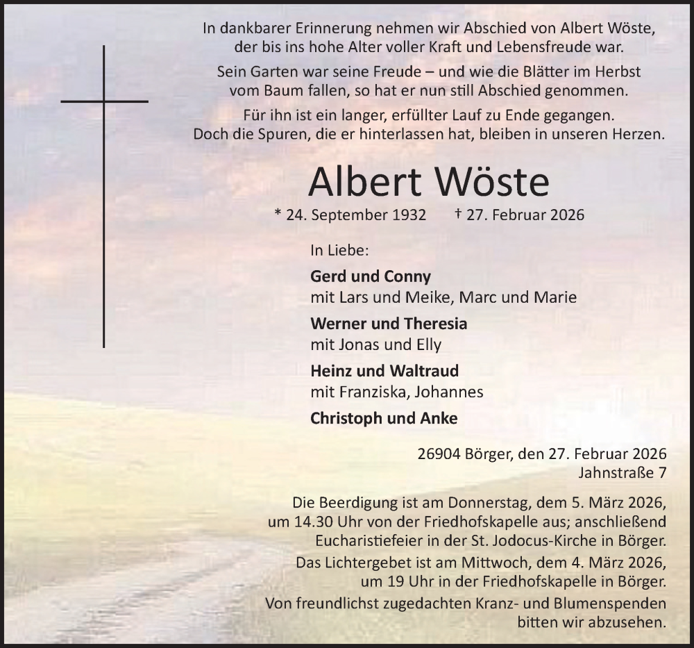  Traueranzeige für Albert Wöste vom 02.03.2026 aus Neue Osnabrücker Zeitung GmbH & Co. KG