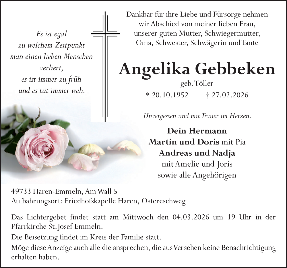  Traueranzeige für Angelika Gebbeken vom 02.03.2026 aus Neue Osnabrücker Zeitung GmbH & Co. KG