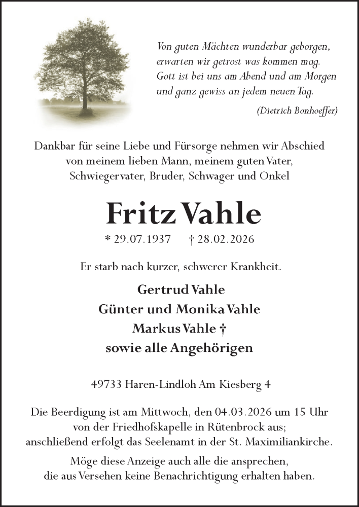  Traueranzeige für Fritz Vahle vom 02.03.2026 aus Neue Osnabrücker Zeitung GmbH & Co. KG