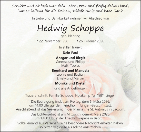 Traueranzeige von Hedwig Schoppe von Neue Osnabrücker Zeitung GmbH & Co. KG